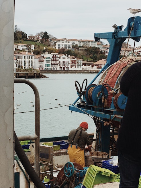 A person wearing a red hat and yellow overalls is working on a fishing boat, surrounded by equipment and colorful crates. The boat is docked near a waterfront, with a scenic view of a coastal town featuring multi-colored buildings and a hillside with trees. Seagulls are flying above the water, and one is perched on the boat's rigging.