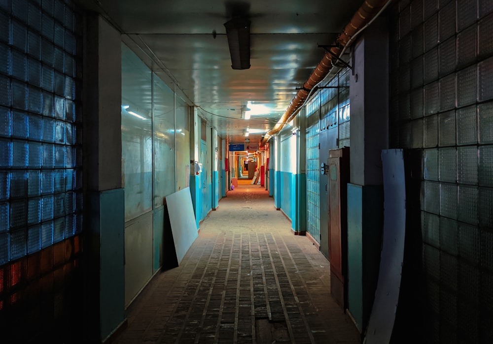 hallway with red and blue doors