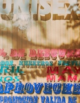 A textured background with layered, colorful text in various fonts and sizes. The words are written in Spanish, mentioning discounts and promotions. Shadows of leaves create an artistic overlay on the surface.