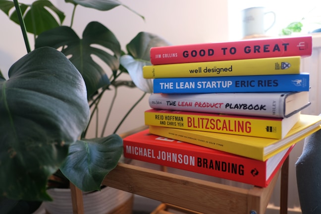 A stack of business and design-themed books placed on a wooden stool next to a large green plant. The titles include 'Good to Great,' 'The Lean Startup,' and 'Blitzscaling.' In the background, there is a soft focus of a mug and some light streaming in, creating a cozy atmosphere.