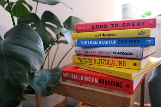 A stack of business and design-themed books placed on a wooden stool next to a large green plant. The titles include 'Good to Great,' 'The Lean Startup,' and 'Blitzscaling.' In the background, there is a soft focus of a mug and some light streaming in, creating a cozy atmosphere.