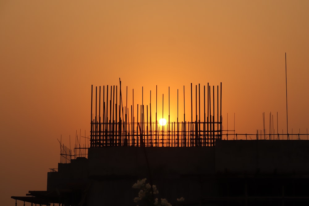 silhouette of people standing on building during sunset