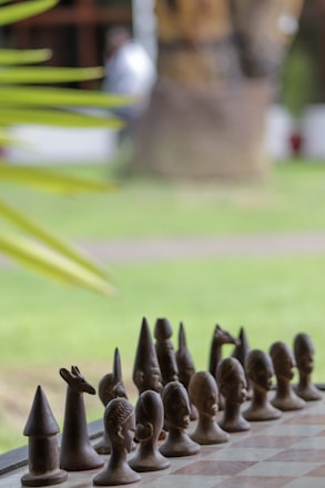 A row of intricately carved wooden chess pieces on a chessboard. The pieces resemble various abstract and animal forms, placed in an outdoor setting with greenery and blurred background elements.