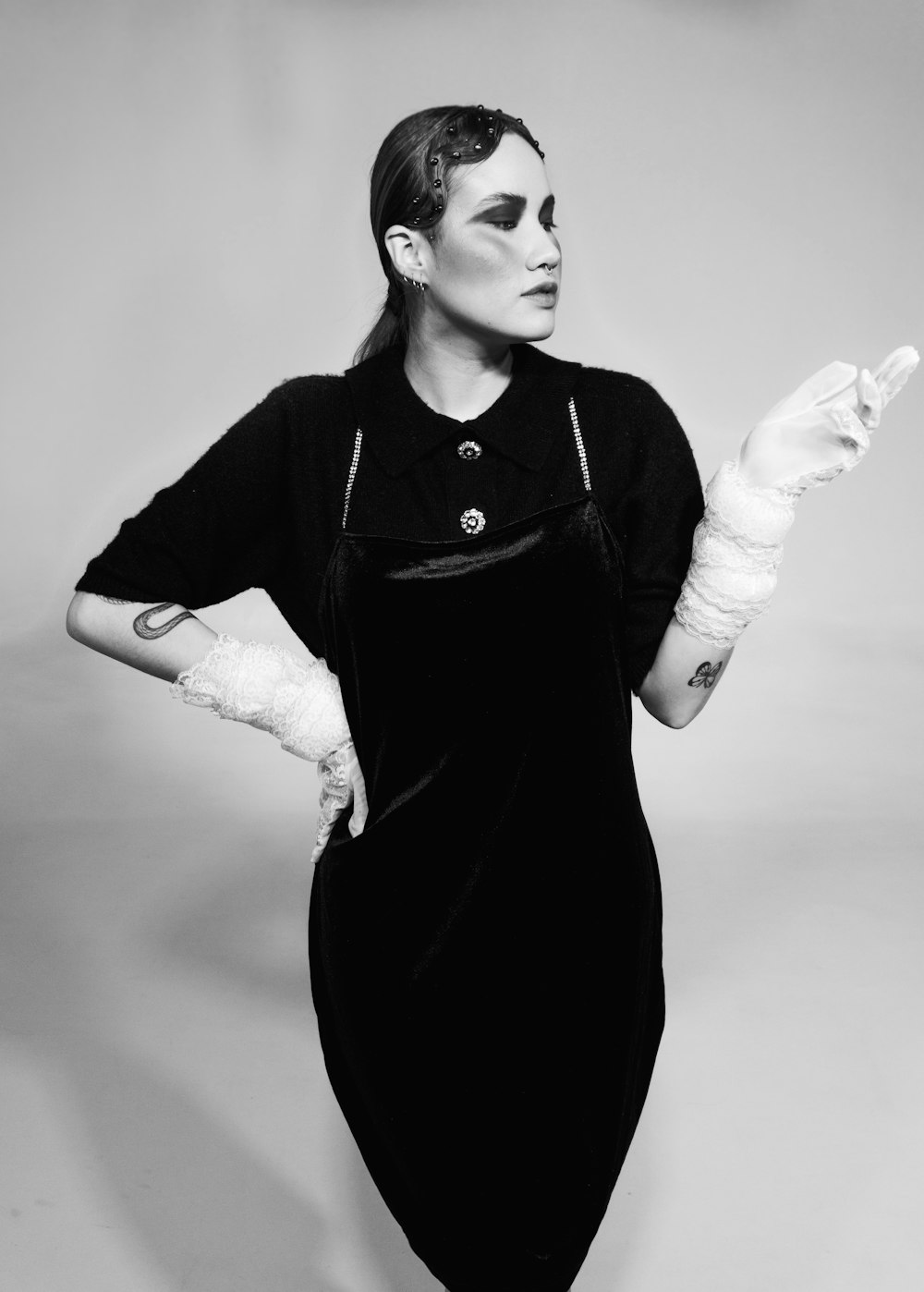 woman in black long sleeve dress