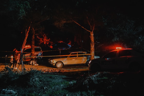 A nighttime scene in a wooded area with a small investigation site. Police tape surrounds a few vehicles, including a vintage car and a police car with flashing lights. A person is adjusting equipment that appears to be set up for illumination or investigation.