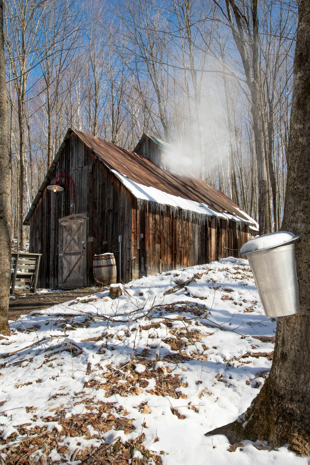 brown wooden house on snow covered ground