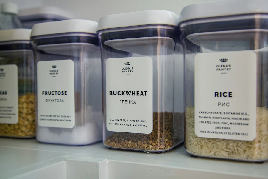 A row of labeled airtight pantry canisters