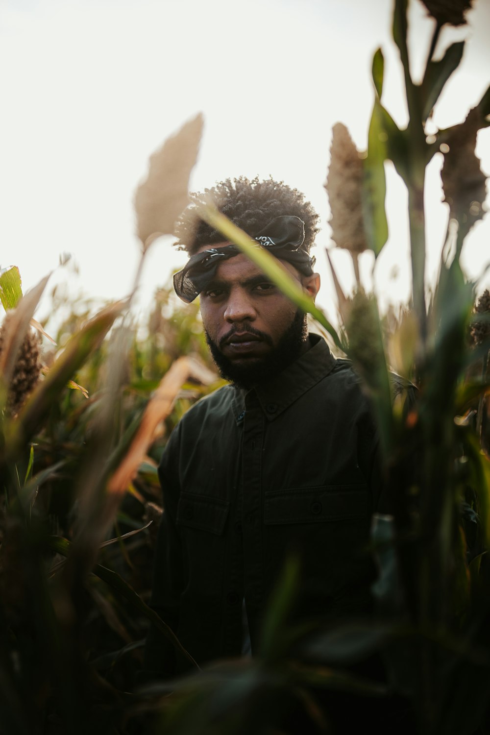 man in black jacket standing in the middle of sunflower field during daytime