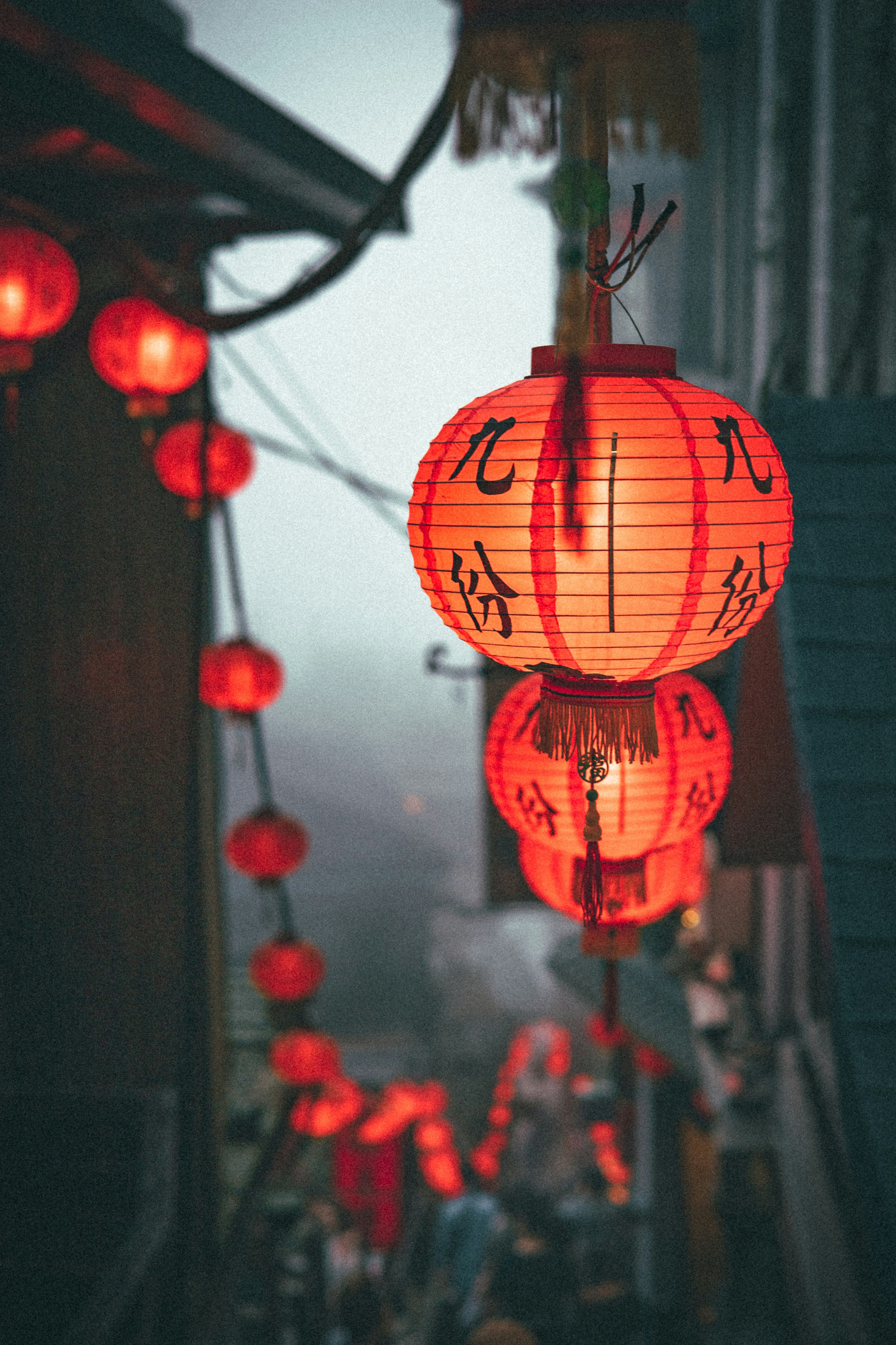 red and black lantern with lights