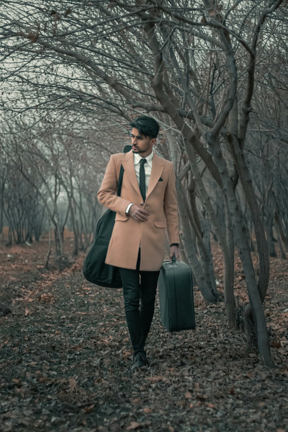 a man walking through a forest carrying a suitcase