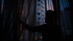 A silhouette of a woman by a window, the city lights of Dijon glowing behind her.