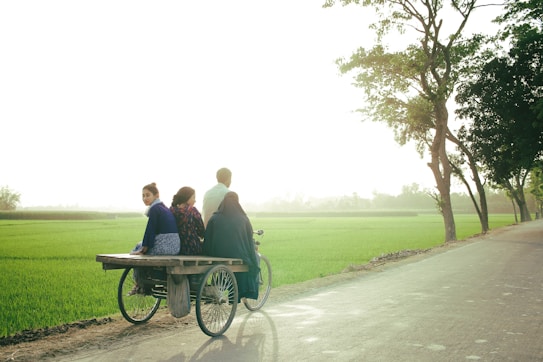 A serene rural scene features a man cycling a cart with three passengers sitting on the back, traveling down a tree-lined road beside lush green fields. The atmosphere appears calm, highlighted by the bright yet slightly hazy sky indicating early morning or late afternoon.