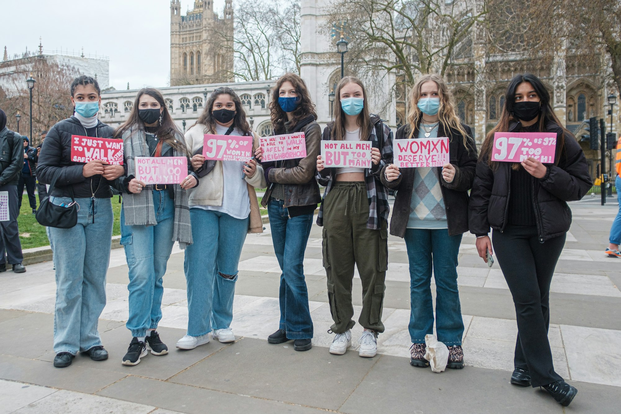 The 97% March, from Trafalgar Square to Parliament, comes after a survey, conducted by UN Women UK, found 97 per cent of women aged 18 to 24 had been sexually harassed, while 80 per cent of women of all ages said they had been harassed in public spaces.