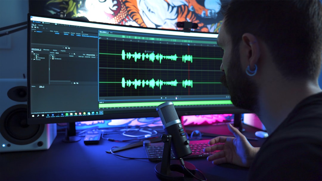 man in front of computer monitor, Podcaster making video podcast from his home studio