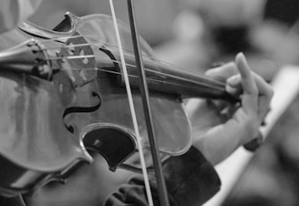 person playing violin in grayscale photography