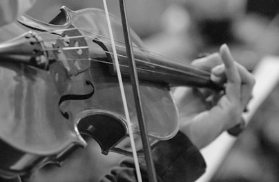 person playing violin in grayscale photography