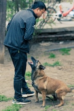 A man wearing a black jacket and dark jeans stands outdoors facing a brown dog. The dog is sitting attentively and looking up at the man. The background is a park-like area with a dirt path and patches of grass.