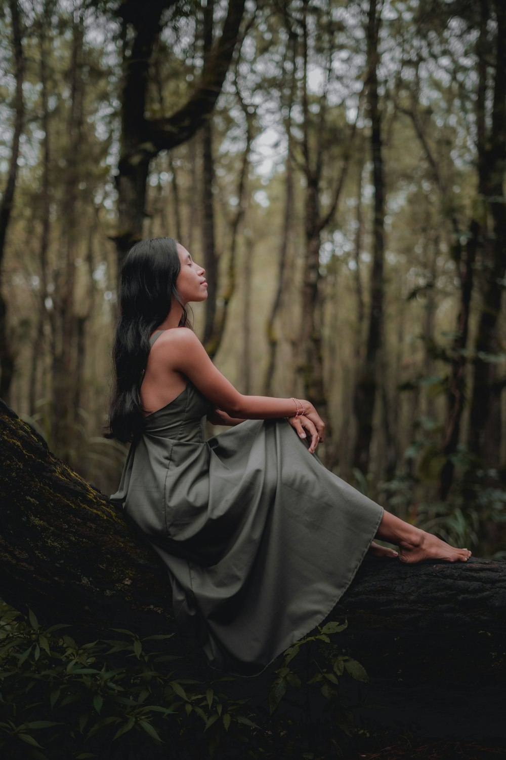 woman in black dress sitting on tree trunk
