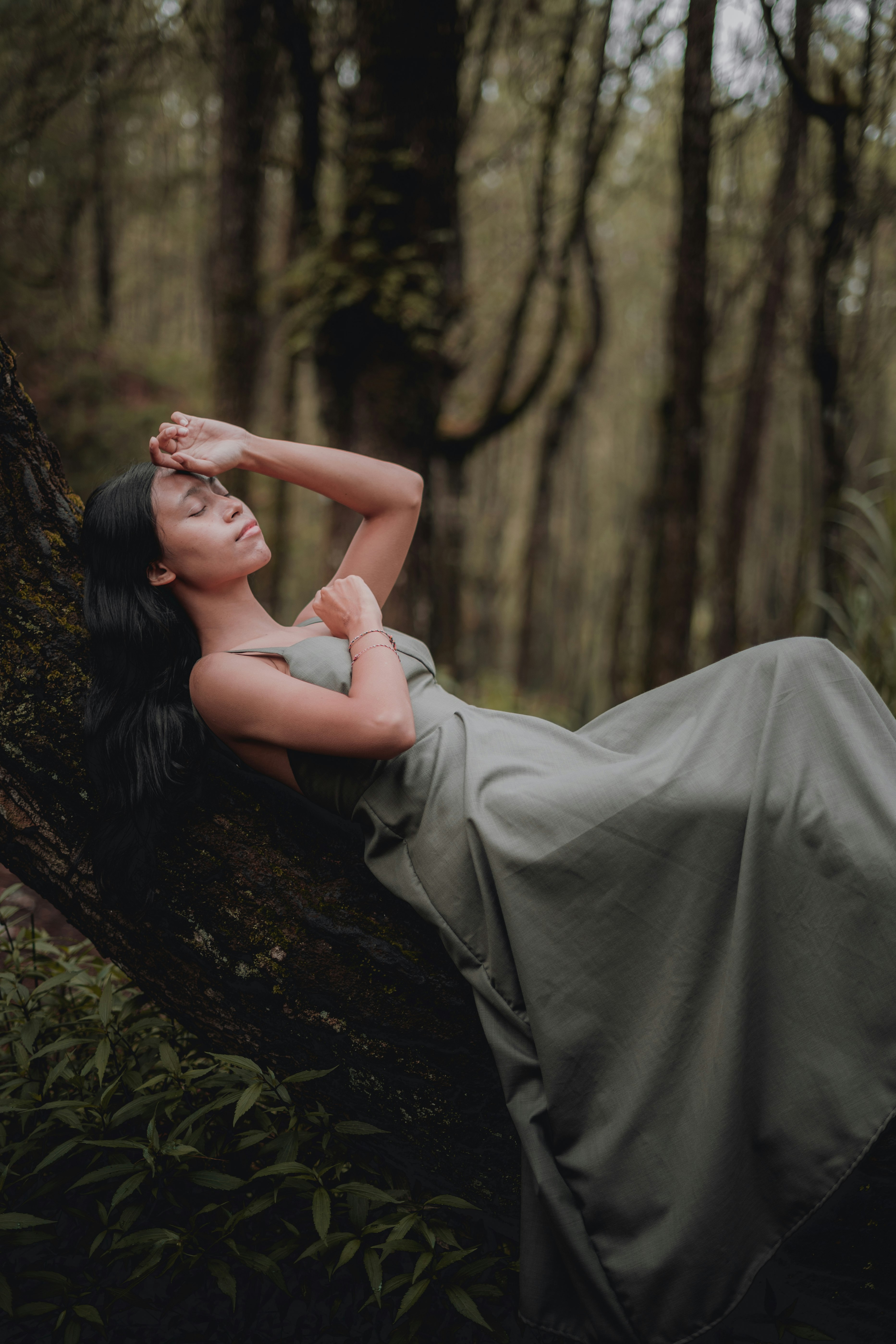 woman in gray dress lying on tree trunk