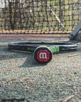 A tennis racket with the Wilson logo on the handle is placed on a textured court surface, with a net in the background. The scene suggests an outdoor tennis setting.