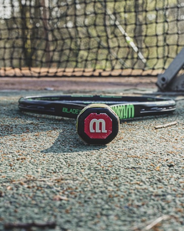 A tennis racket with the Wilson logo on the handle is placed on a textured court surface, with a net in the background. The scene suggests an outdoor tennis setting.