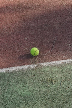 A tennis ball rests on a textured court surface that features a blend of red and green areas, divided by a white line. The surface has scattered small debris and twigs.