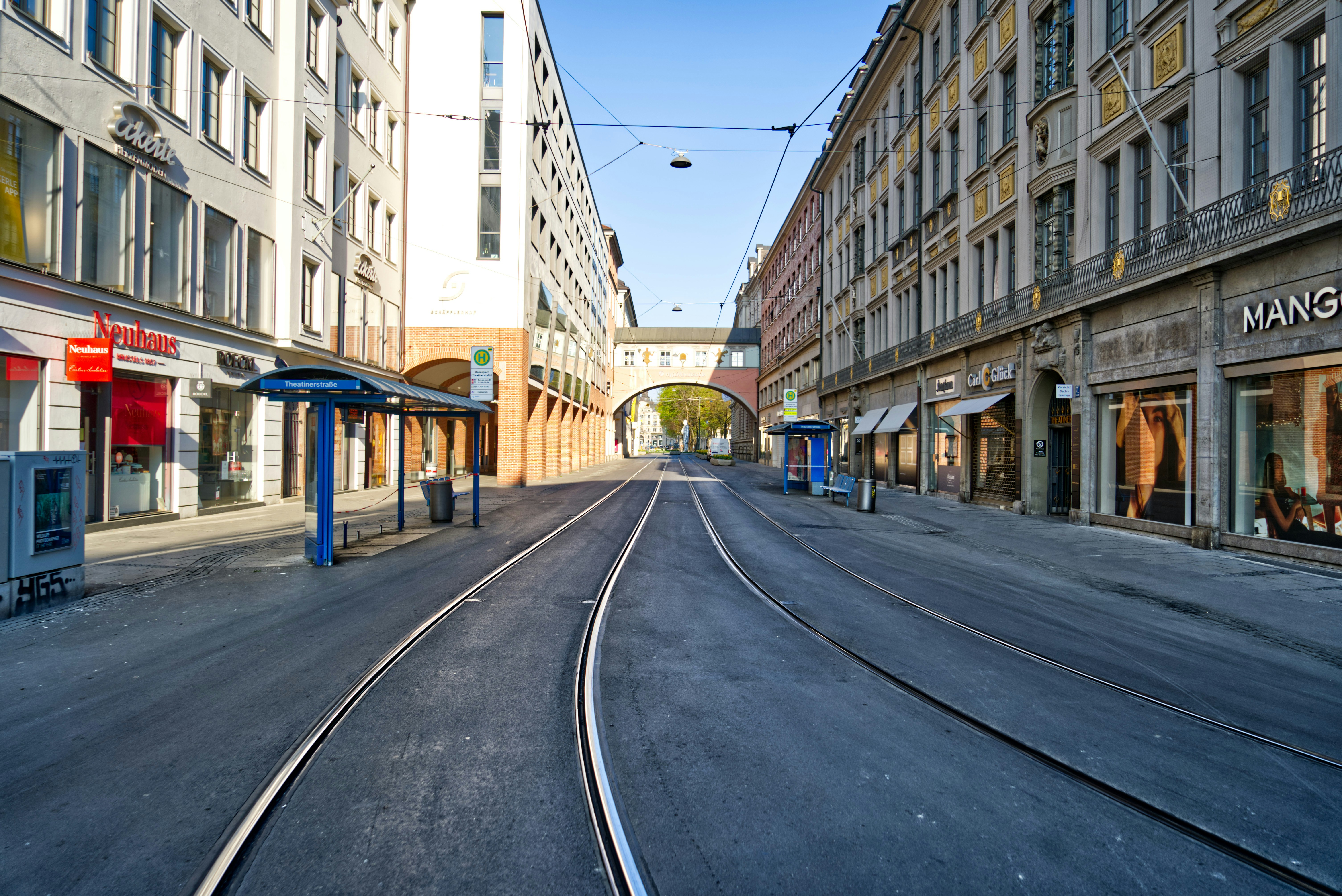 blue and white train station