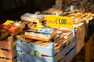 A collection of books is displayed in wooden crates with a prominent yellow sign indicating a price of €1.00 each. The sunlight casts a warm glow over the scene, highlighting the colorful book covers.
