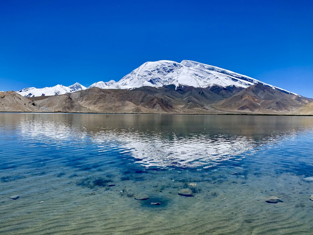 snow covered mountain near lake under blue sky during daytime