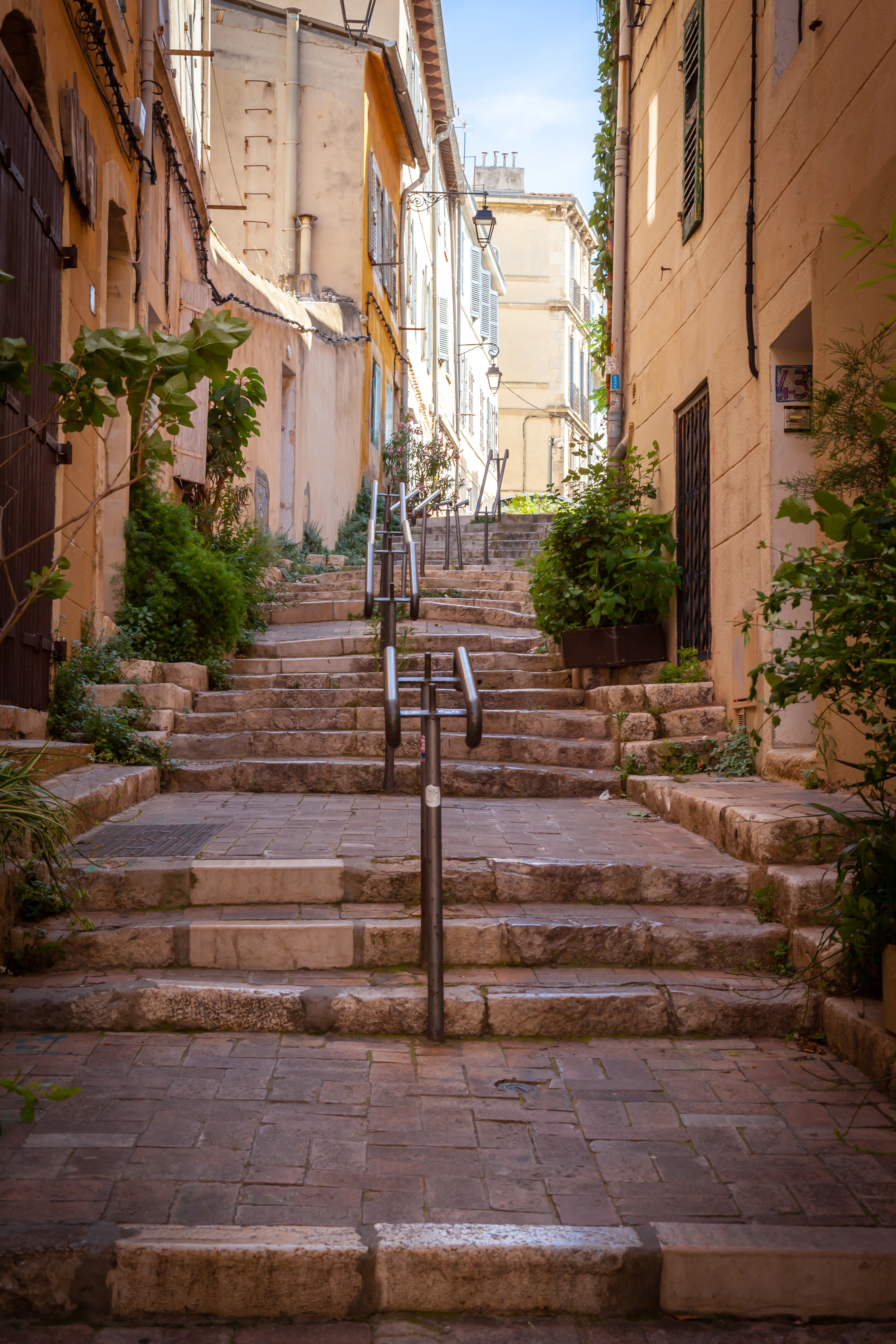 A steep stone stairway climbing between ochre and cream shuttered houses in Le Panier, Marseille's old quarter, with potted plants and vines along the walls