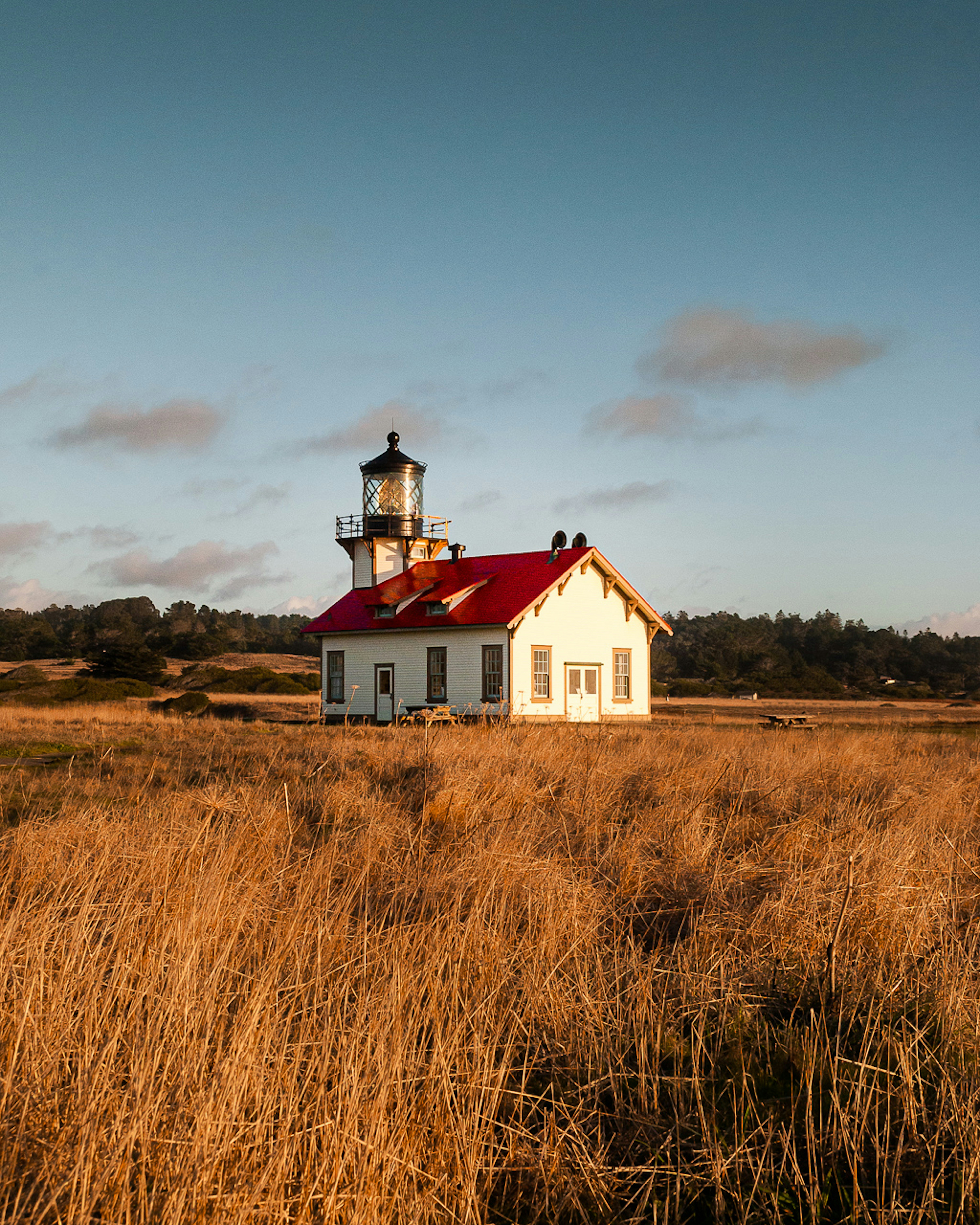 white and red house on brown grass field under blue sky during daytime