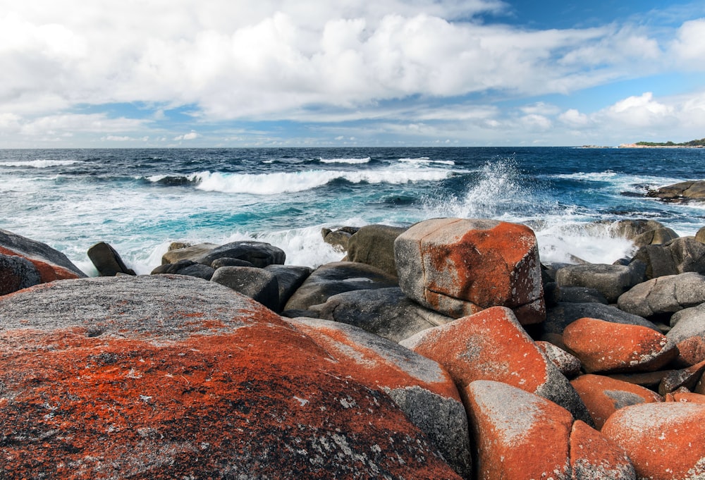 brown and gray rocks near body of water under white clouds during daytime