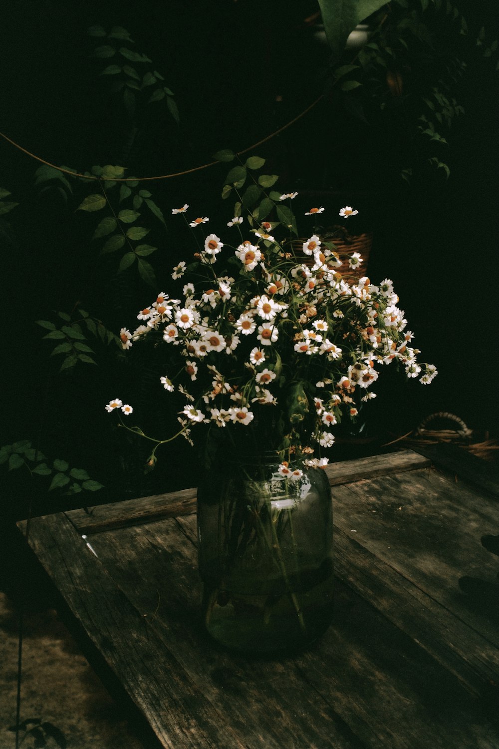 white flowers in clear glass vase