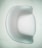 A smooth, modern chair with a minimalist design featuring curved edges and a shiny surface. The chair is predominantly white, set against a pale background, emphasizing its elegant and contemporary style.