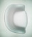 A smooth, modern chair with a minimalist design featuring curved edges and a shiny surface. The chair is predominantly white, set against a pale background, emphasizing its elegant and contemporary style.