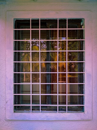 A barred window is set into a concrete wall, with tropical plants and trees visible through the glass. The bars are evenly spaced, creating a grid pattern. The light creates a warm, natural reflection on the window's surface.