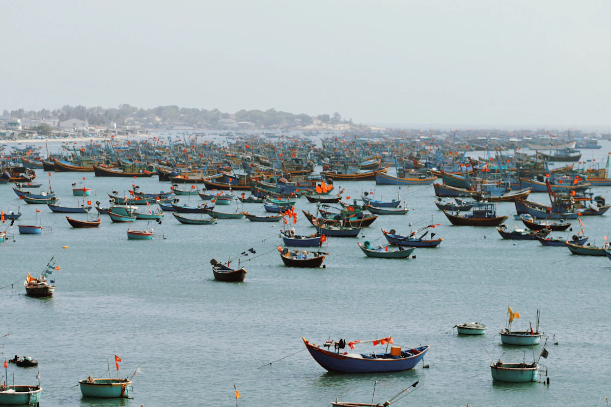 Mui Ne Fishing Harbor with Traditional Coracle Round Boats