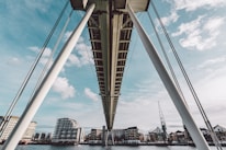 An aerial view of a modern bridge under construction over a river.
