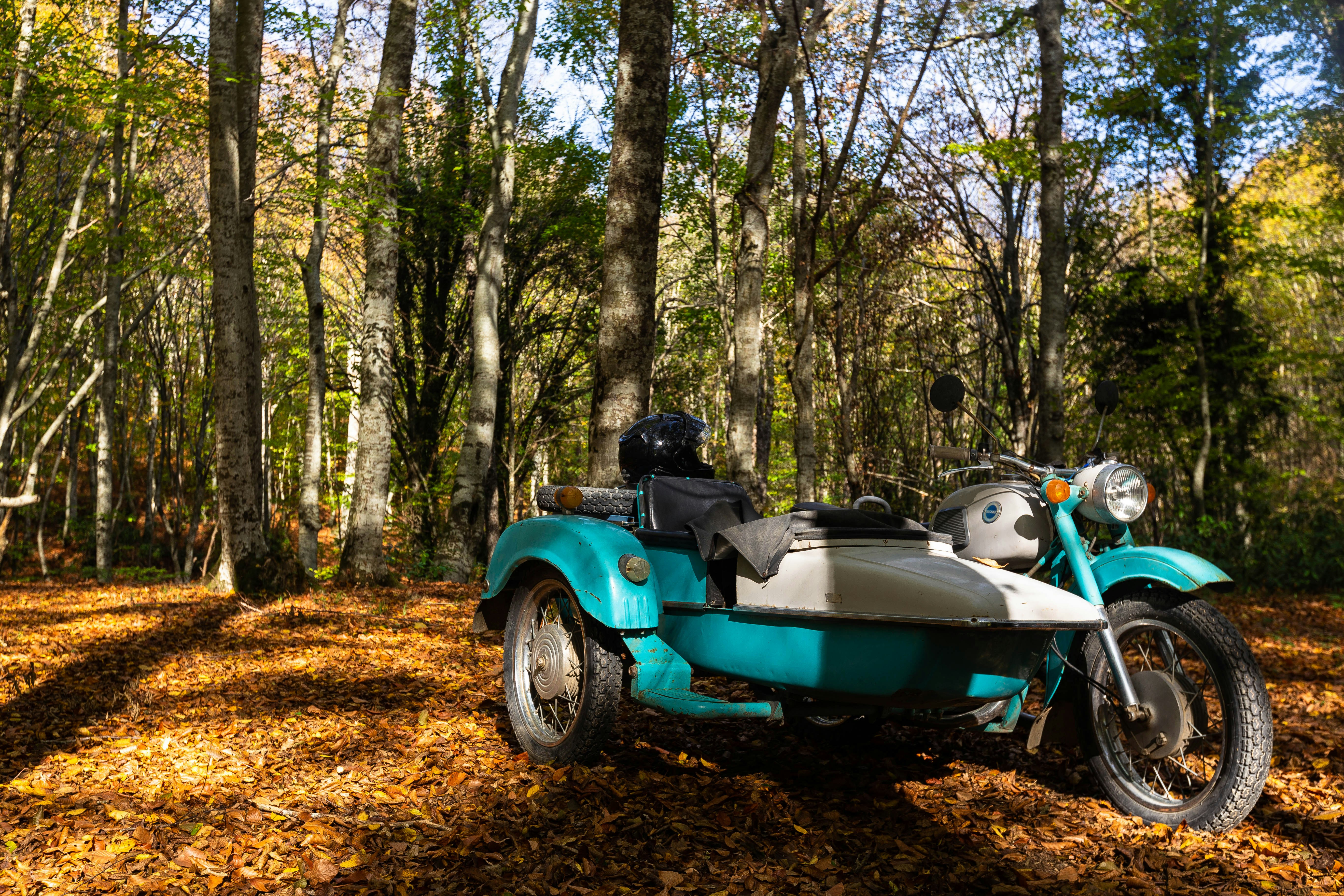 blue and black ride on toy car on brown field surrounded by trees during daytime