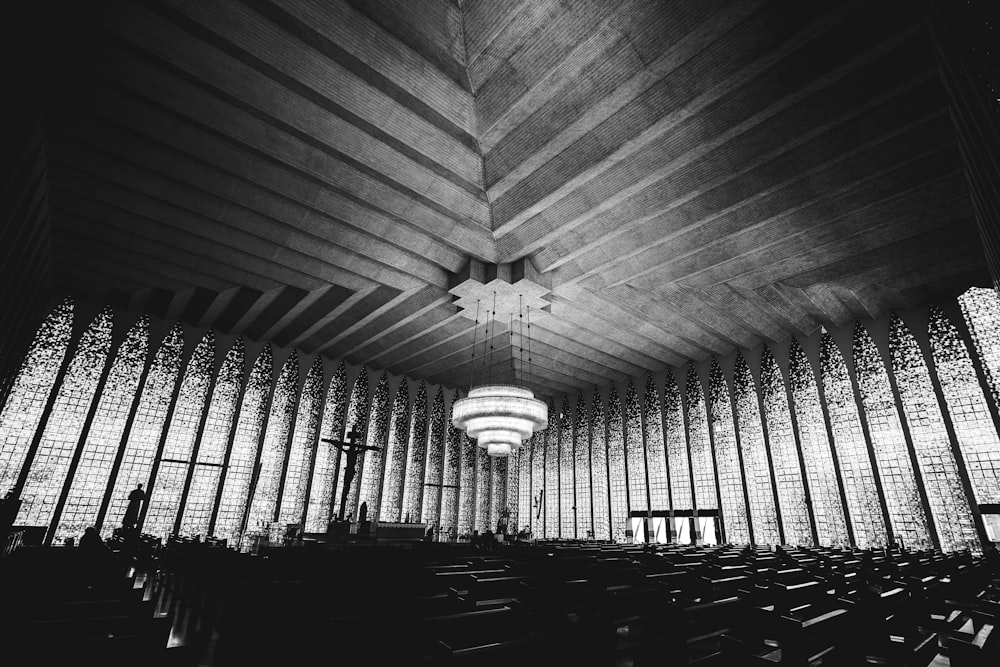 grayscale photo of ceiling light