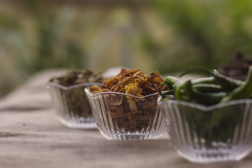 clear glass bowl with brown food