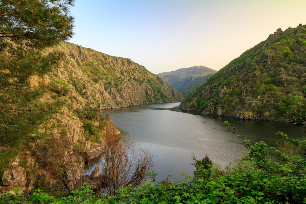 montañas verdes y marrones al lado del río bajo el cielo azul durante el día