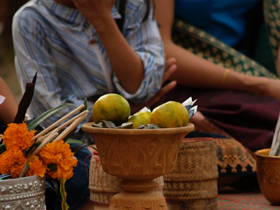 Close-up of the Tripindi Shradha ceremony with ancestral offerings arranged meticulously on a brass plate.