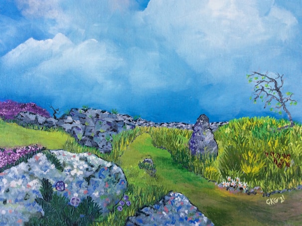 A vibrant painting showcasing a serene landscape.