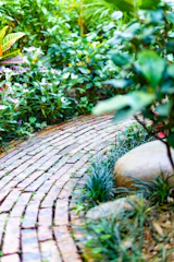 Elegant paver pathway winding through a lush garden with native plants.