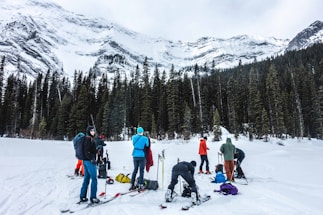 A group of people is preparing for skiing surrounded by snow-covered mountains and tall evergreen trees. They are equipped with skis and backpacks, and the sky is overcast, suggesting cold weather conditions.