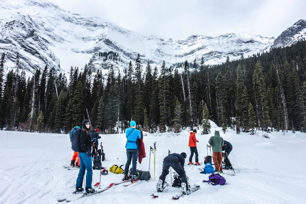 A group of skiers attentively participating in a mountain safety training session.