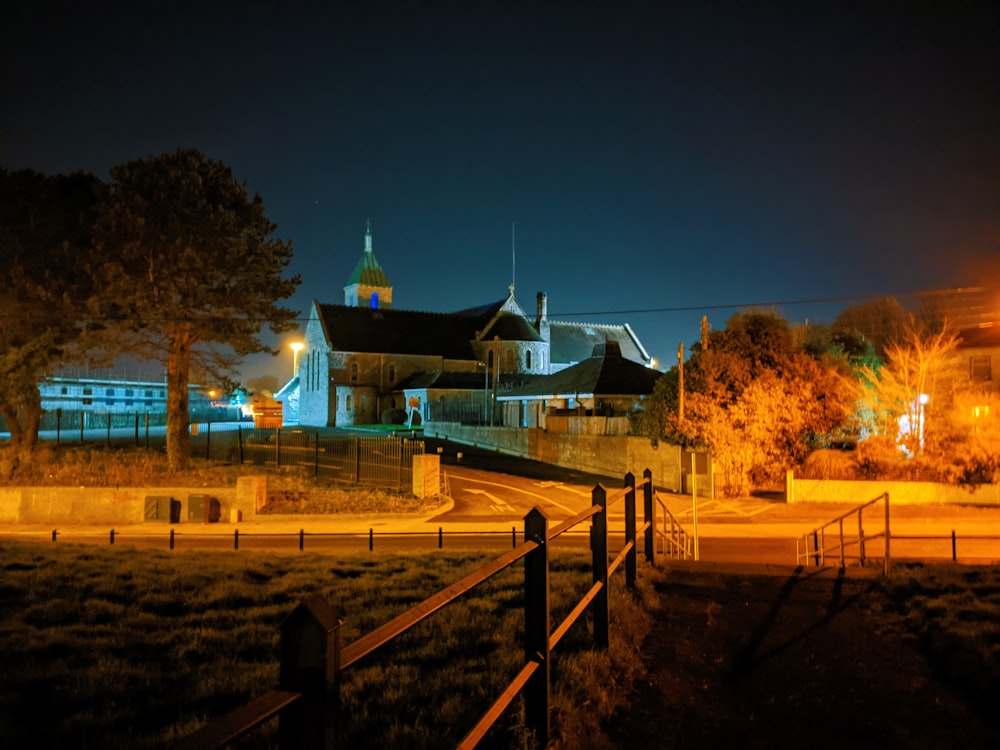 white and blue house near trees during night time