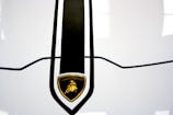 A close-up view of a car's hood featuring a prominent black stripe and an emblem with the Lamborghini logo at the center. The logo has a golden bull on a black shield with the name 'LAMBORGHINI' inscribed above it.