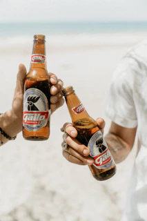 Smiling friends clinking glasses of cold drinks on a sunny beach.